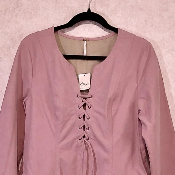 NWT Free People Pink Zephyr Mini Dress Pink/Rose Soft Suede-Like, Lace-Up,SizeM - Picture 2 of 9
